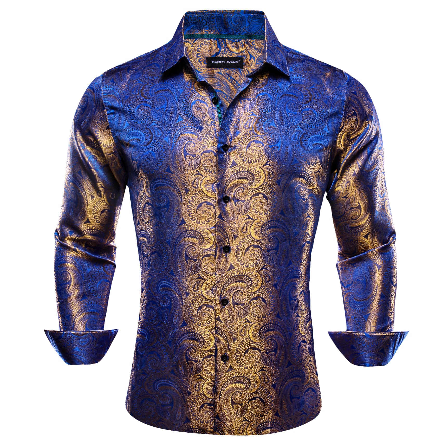 Barry Wang Men's Button Up Shirt Blue Light Golden Paisley Dress Shirt