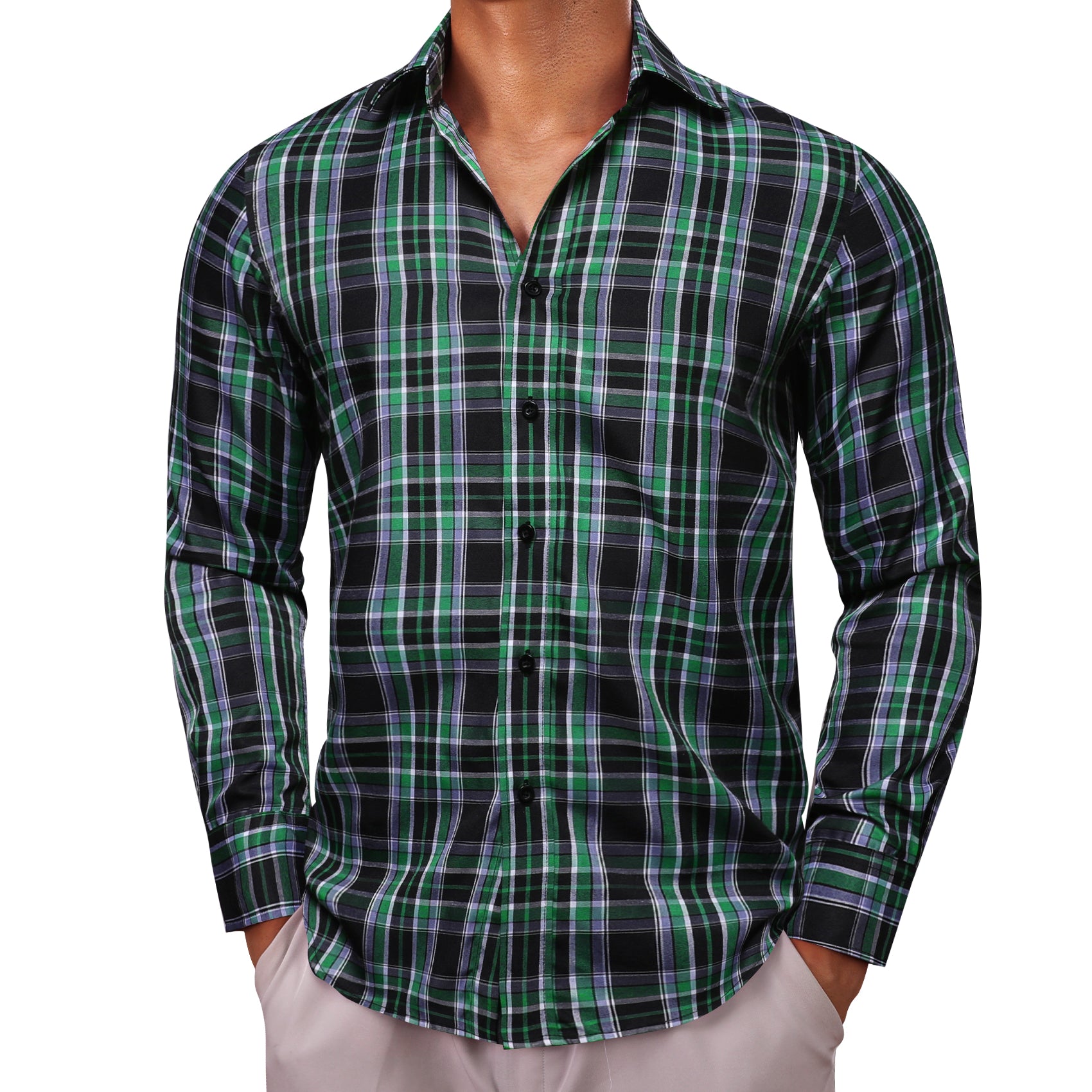 Barry.wang Black Green Plaid Men's Shirt