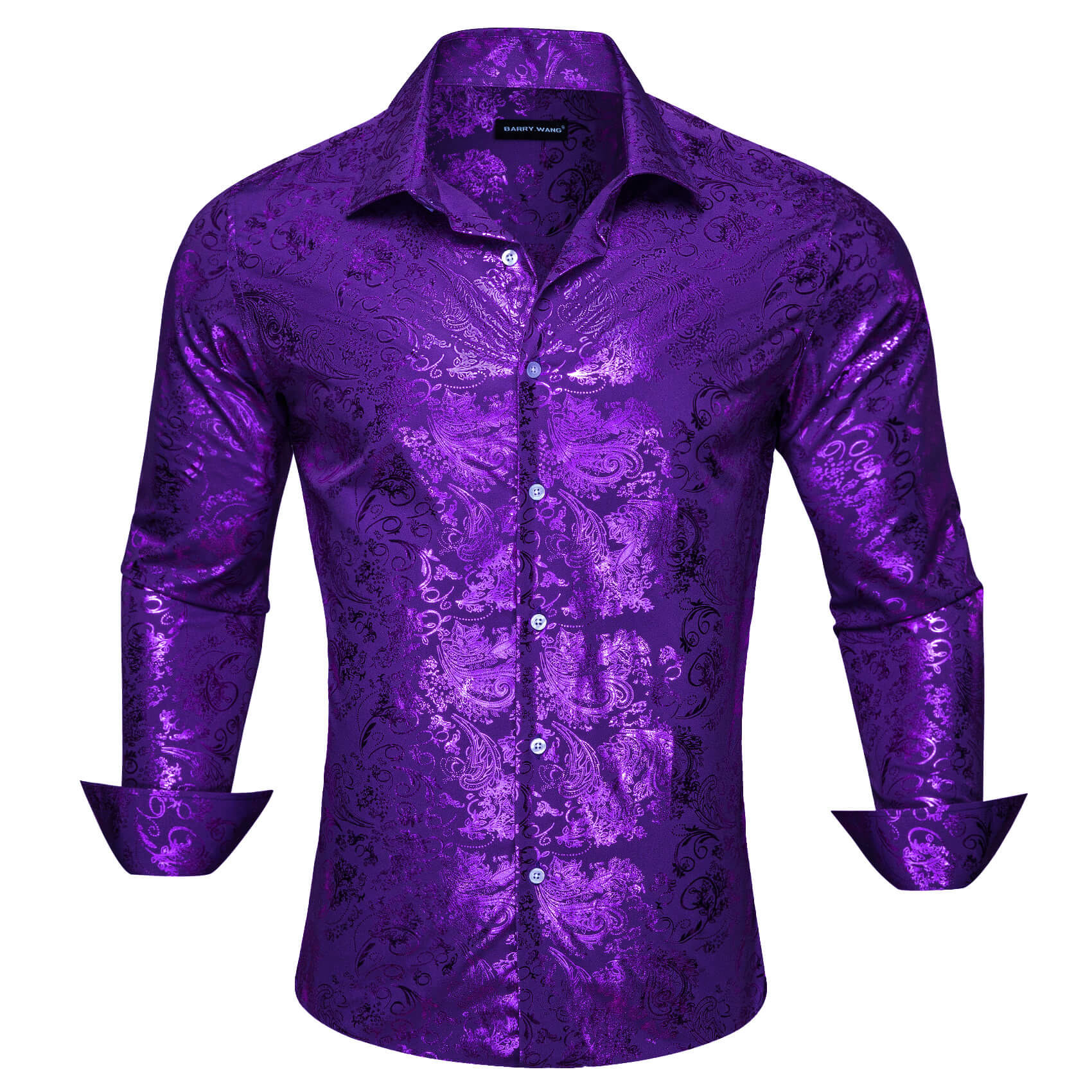 Barry.wang Button Down Shirt Violet Purple Bronzing Floral Silk Men's Long  Sleeve Shirt