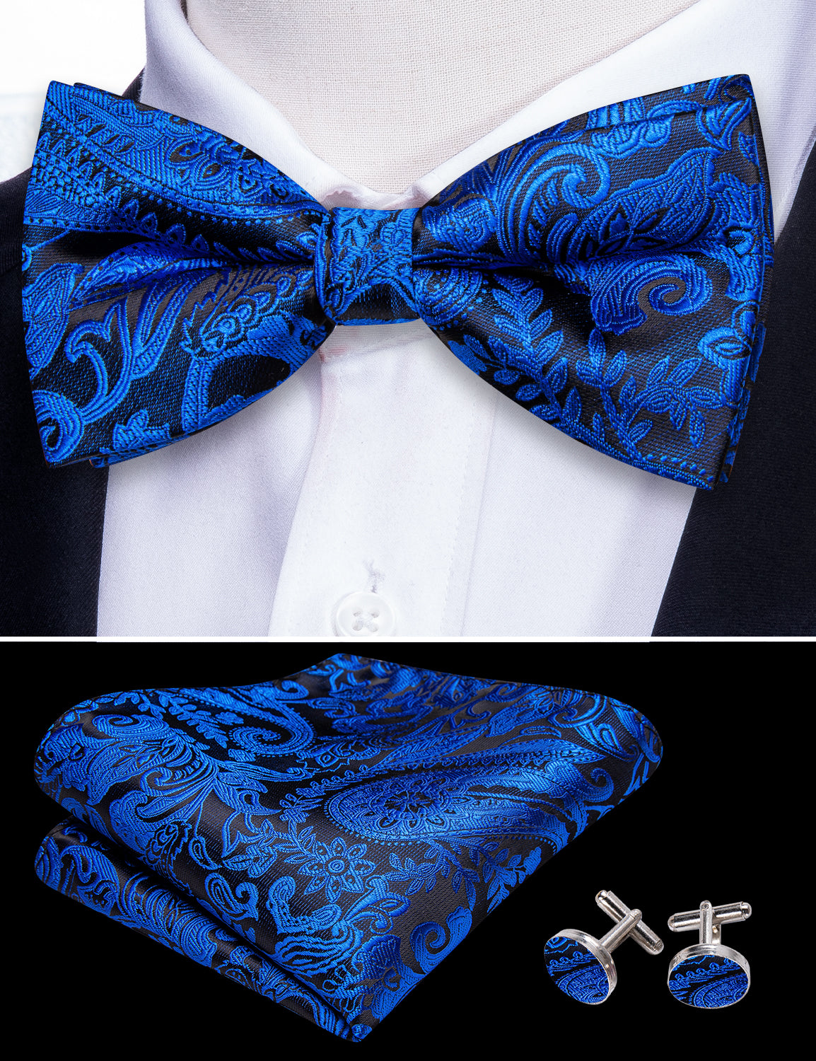 HISDERN Bow Tie Pre tied Mens Navy Blue Paisley Bow Ties & Pocket Square  Set with Cufflinks Wedding Party Bowties Handkerchief Cuff Links Gifts for  Men,Navy blue : : Fashion