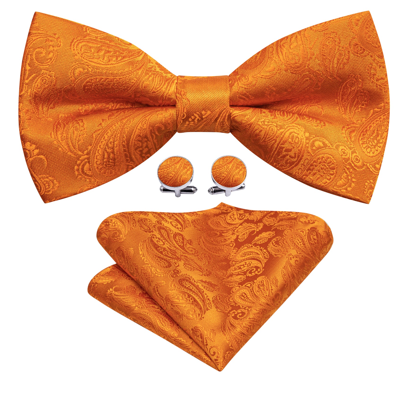 Orange Paisley Silk Bow Tie Hanky Cufflinks Set 1456