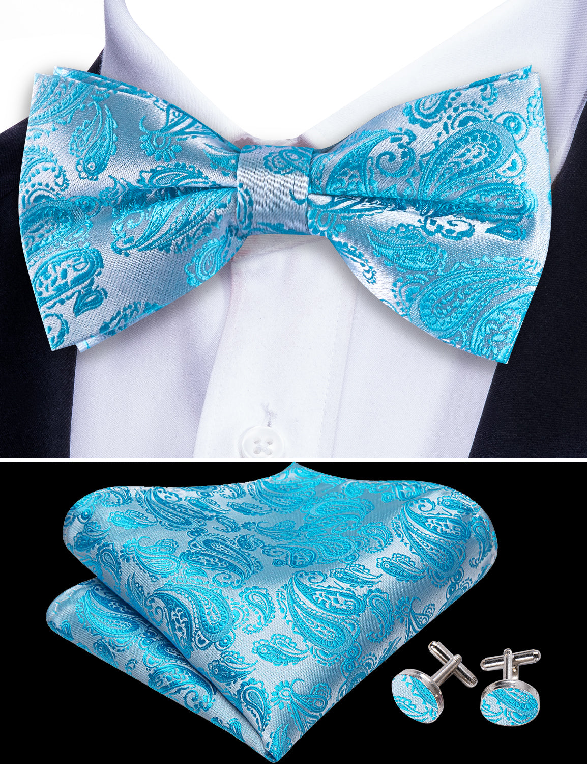 Aqua Blue Paisley Bow Tie & Suspenders Set