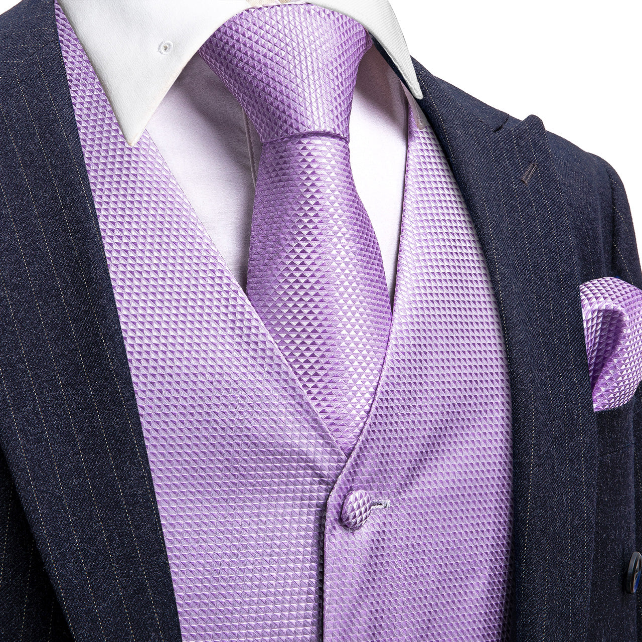 Barry Wang Purple Vest Solid Necktie Pocket Square Cufflinks Set