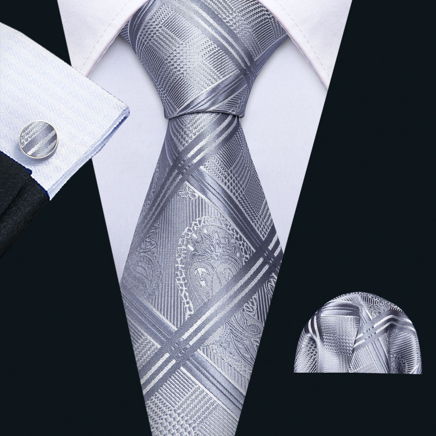 Set of 6 - Solid Grey Satin Ties & outlets Pocket Squares