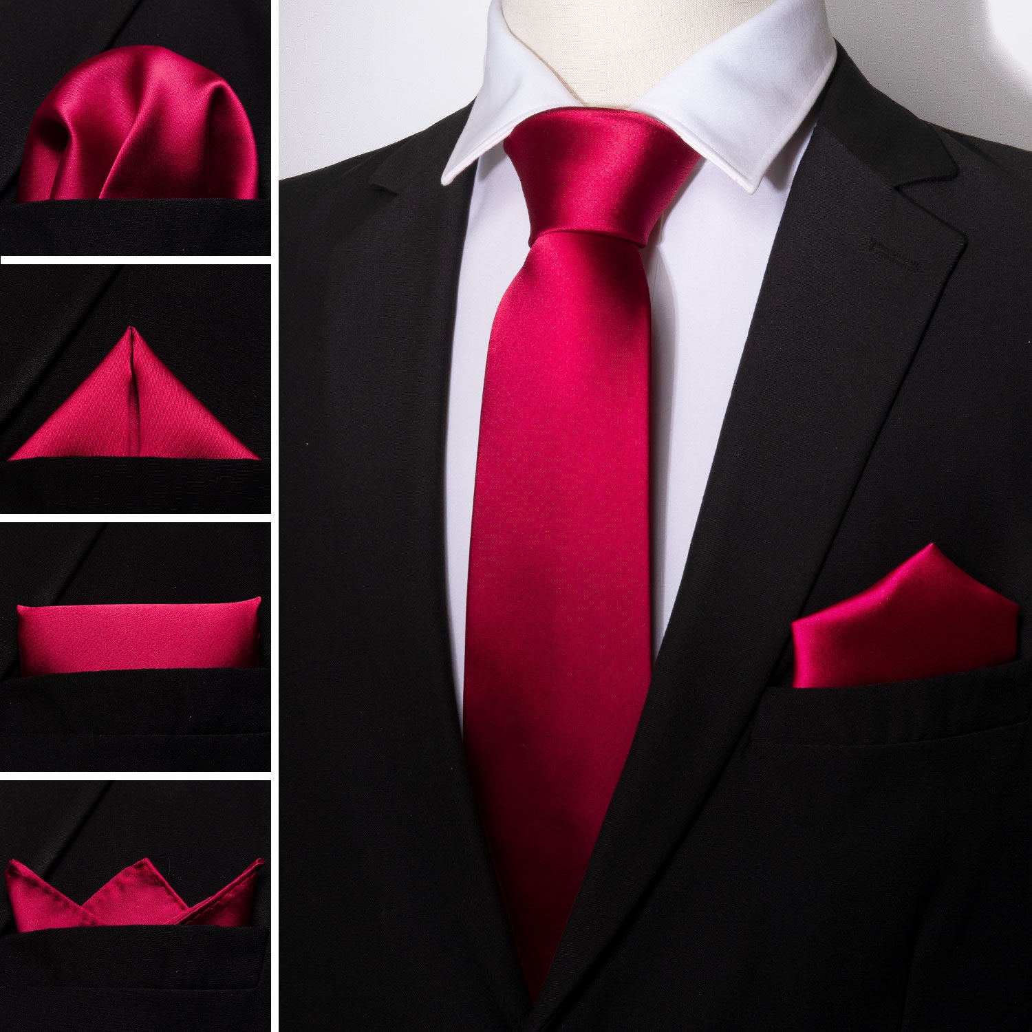 black suit pink shirt red tie