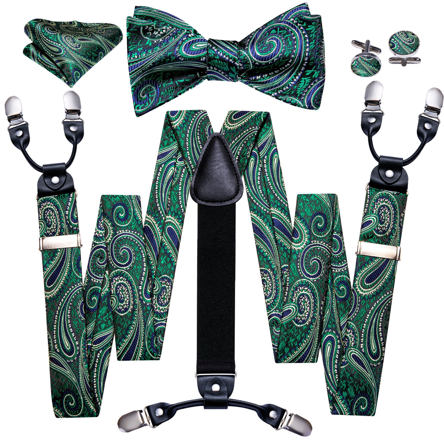 Green Solid Y Back Adjustable Suspenders Tie Set