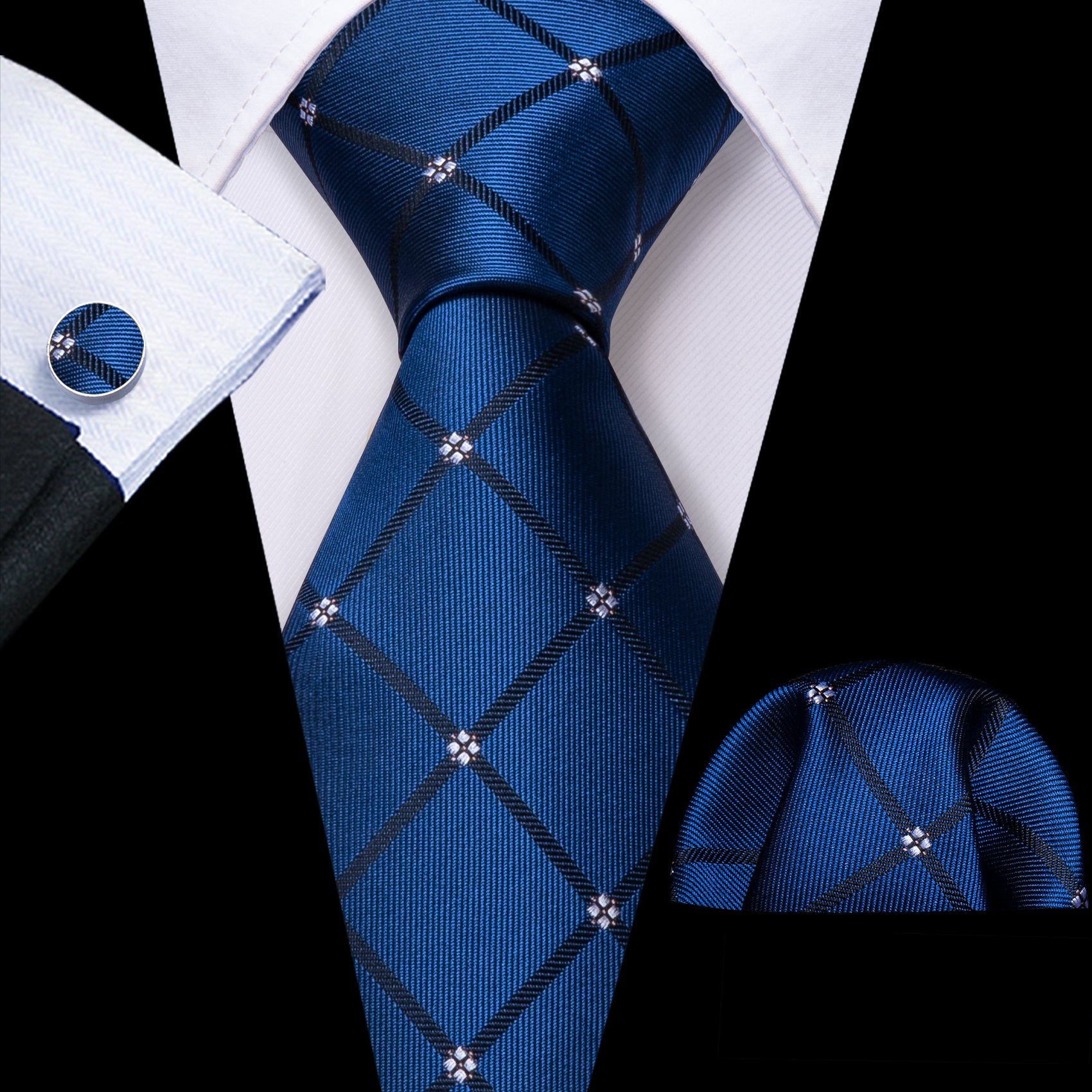 Dark Blue Patterned Tie Set | Matching Handkerchief + Cufflinks + Box