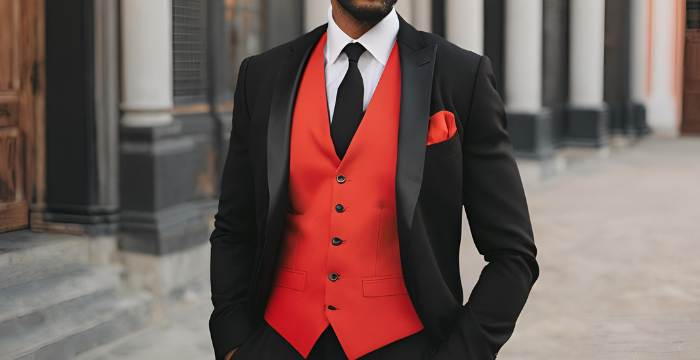 mens red vest and black suit