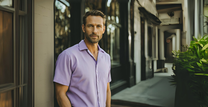 men wearing lavender purple short sleeve shirt