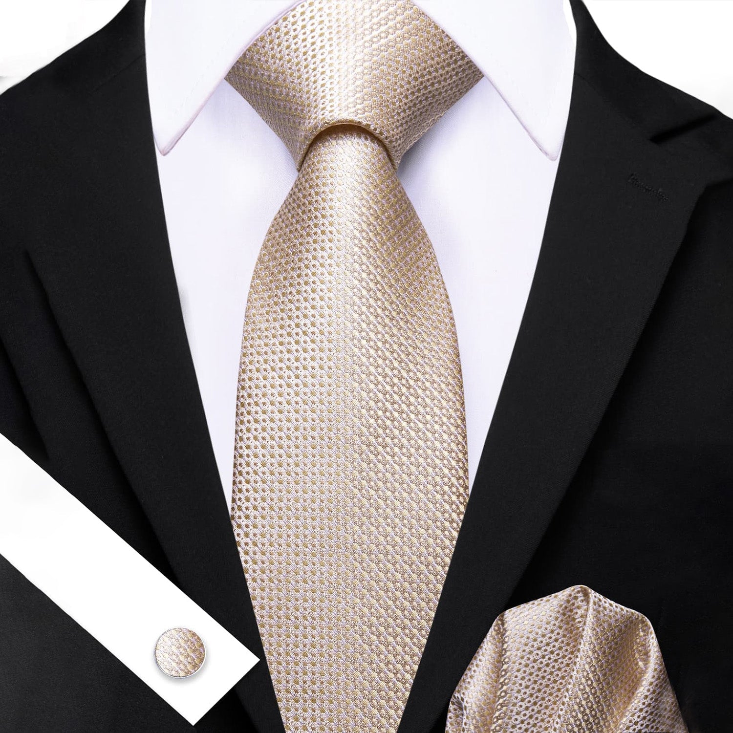 Barry Wang Champagne Beige Geometric Necktie Men's Tie Set for Wedding