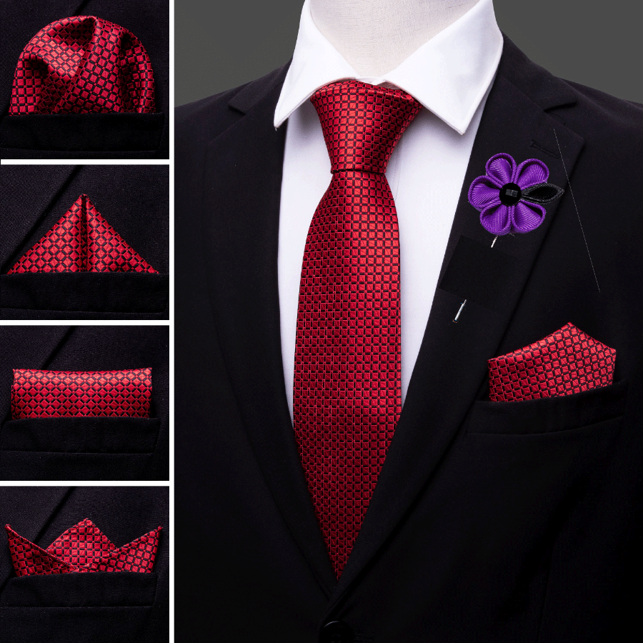 Barry Wang Neck Tie Fresh Red Plaid Tie Pocket Square Cufflinks Set