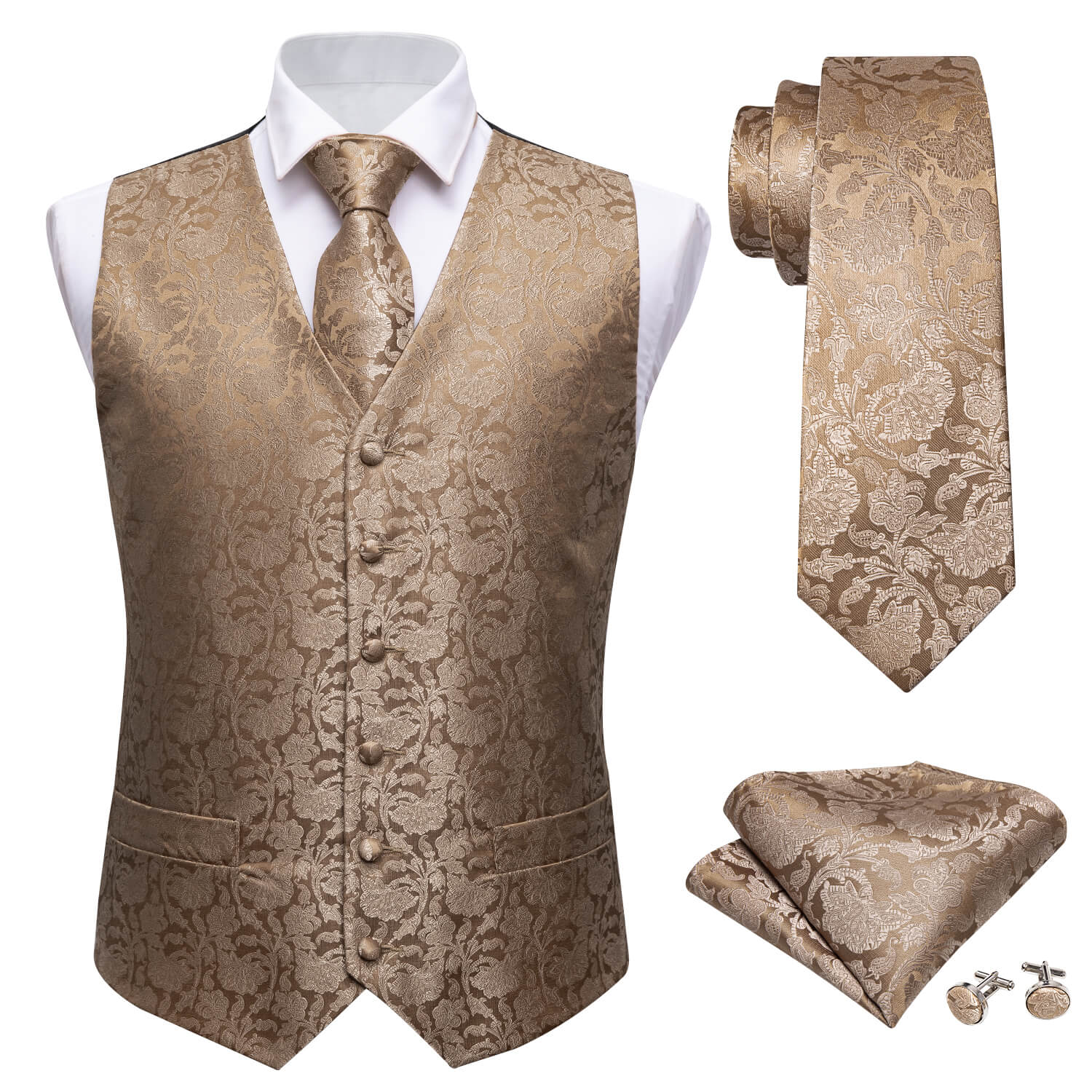 Men's Red Paisley Silk Tie Waistcoat Vest Hanky Cufflinks Set