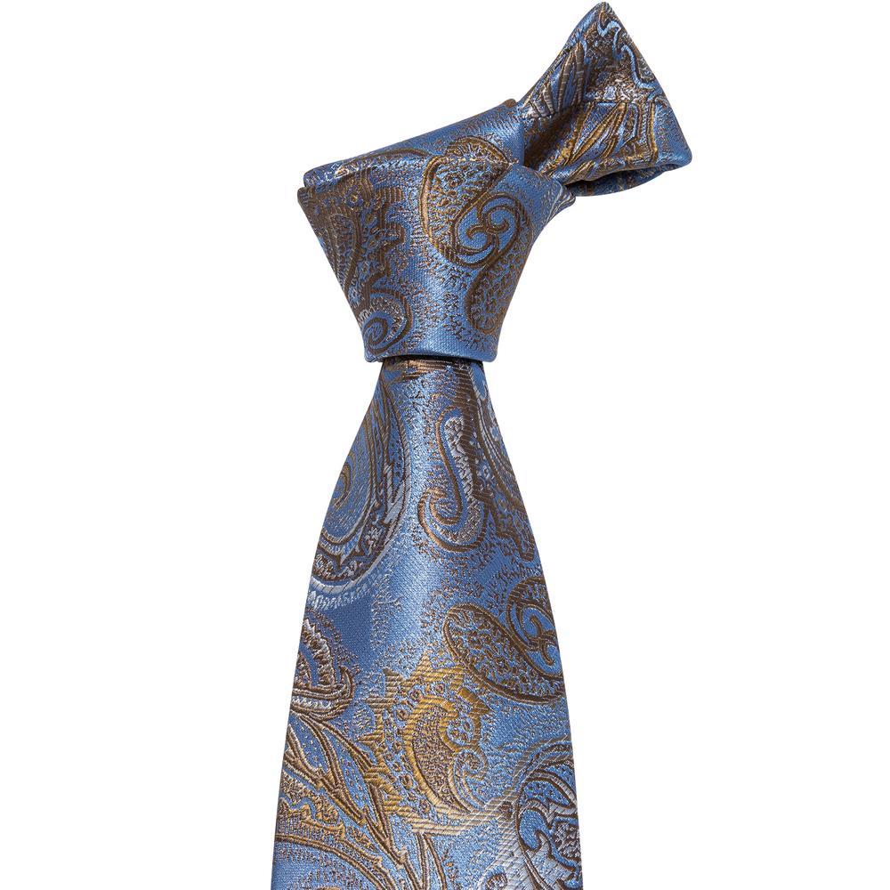 Light sky necktie Gold Jacquard Paisley Necktie for men Tie Set 