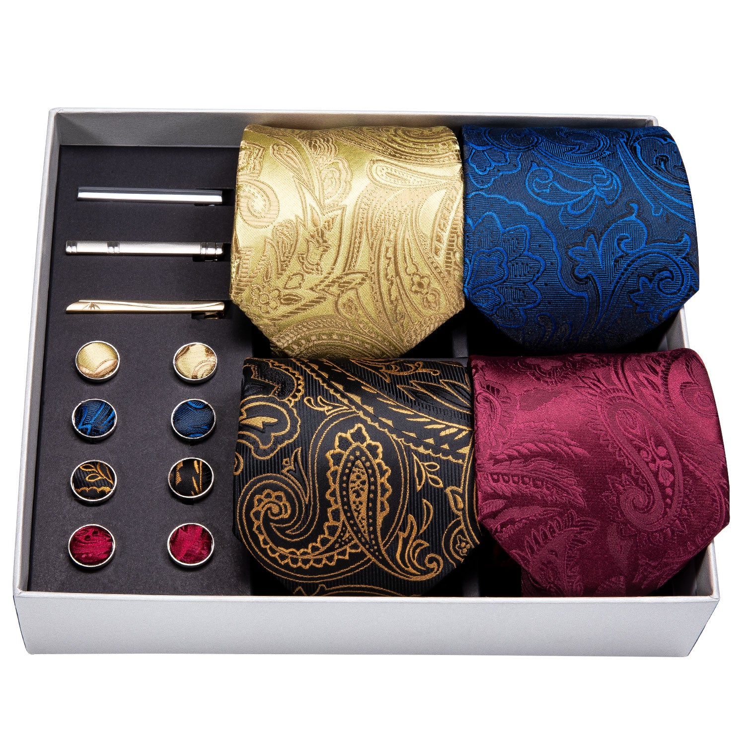 4pcs Men Black Golden Paisley Silk Mens Necktie Pocket Square Cufflinks Clip Gift Box Set