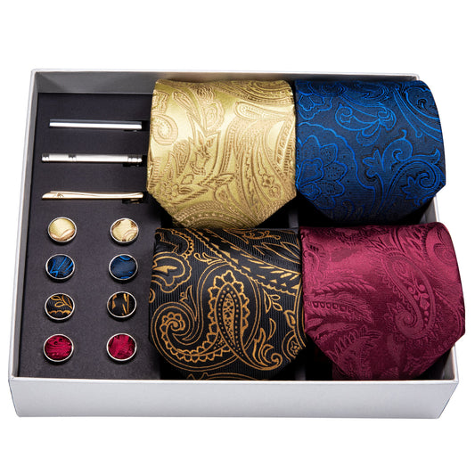 4pcs Men Black Golden Paisley Silk Mens Necktie Pocket Square Cufflinks Clip Gift Box Set