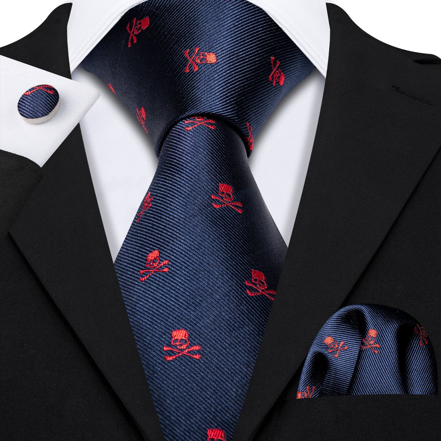 Barry.wang Gray Tie Novelty Halloween Skull Tie Hanky Cufflinks Set