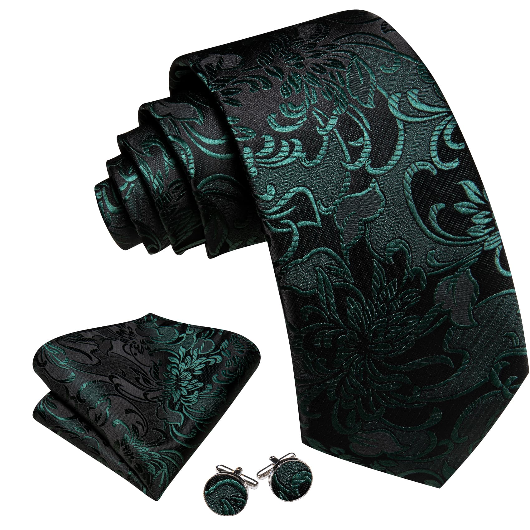 Wang Black Ties Dark Green Jacquard Mens Floral Wedding Tie Set