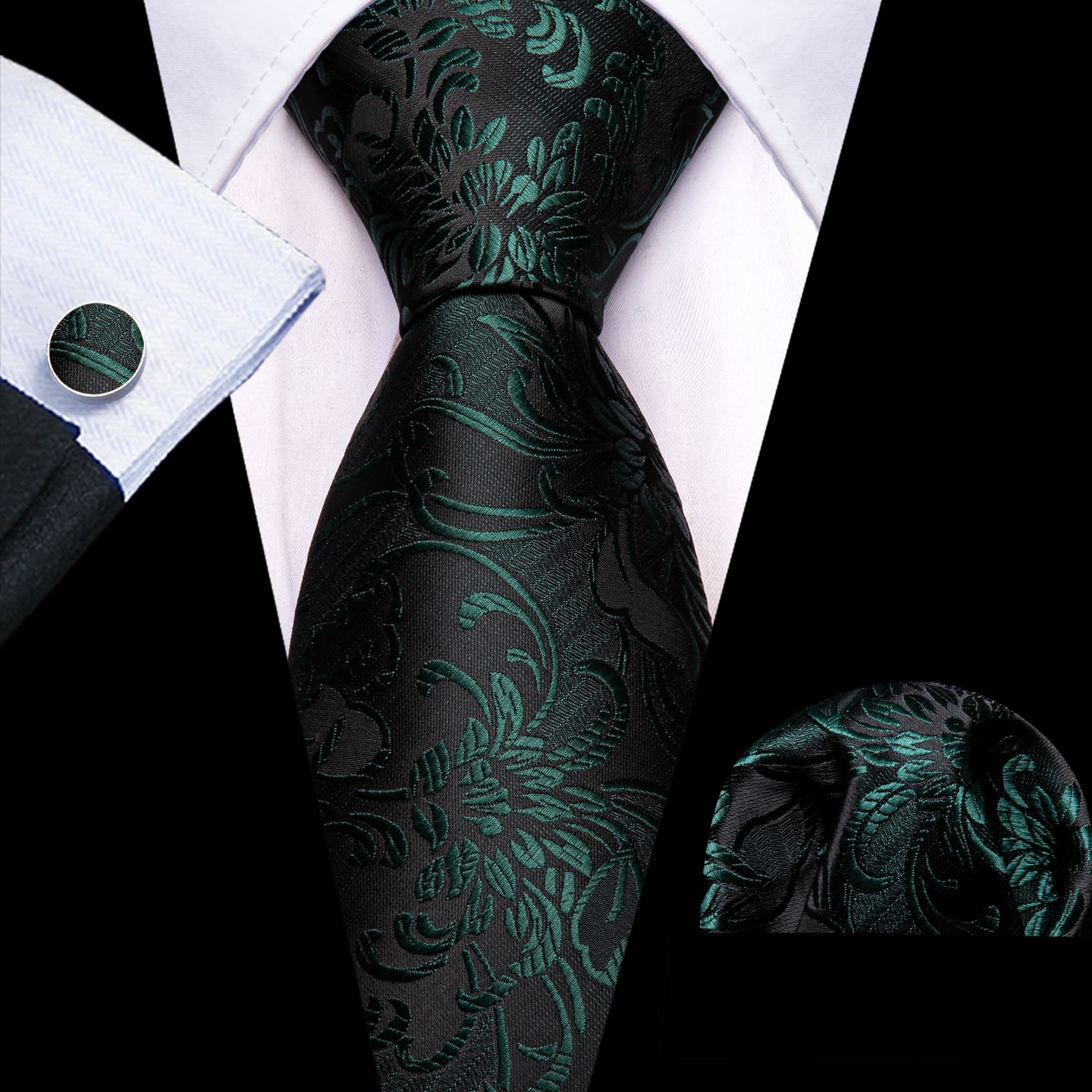 Wang Black Ties Dark Green Jacquard Mens Floral Wedding Tie Set