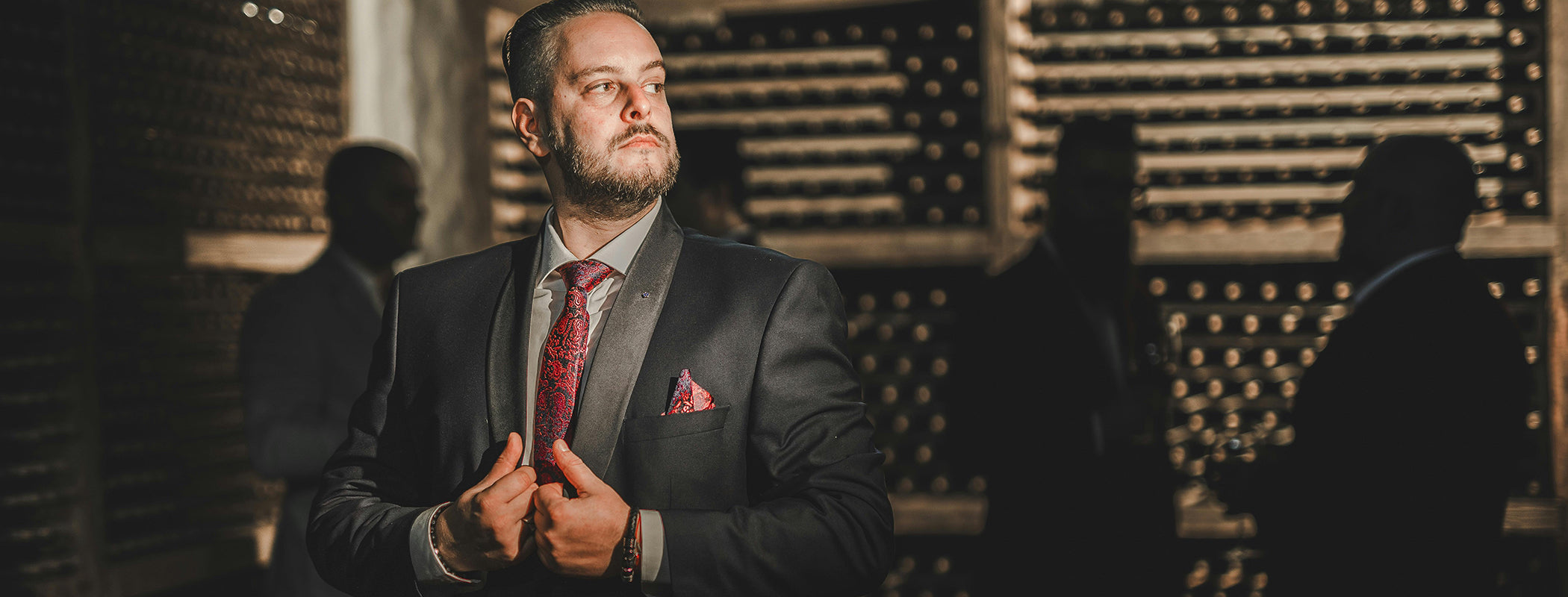 black suit and red black tie for men