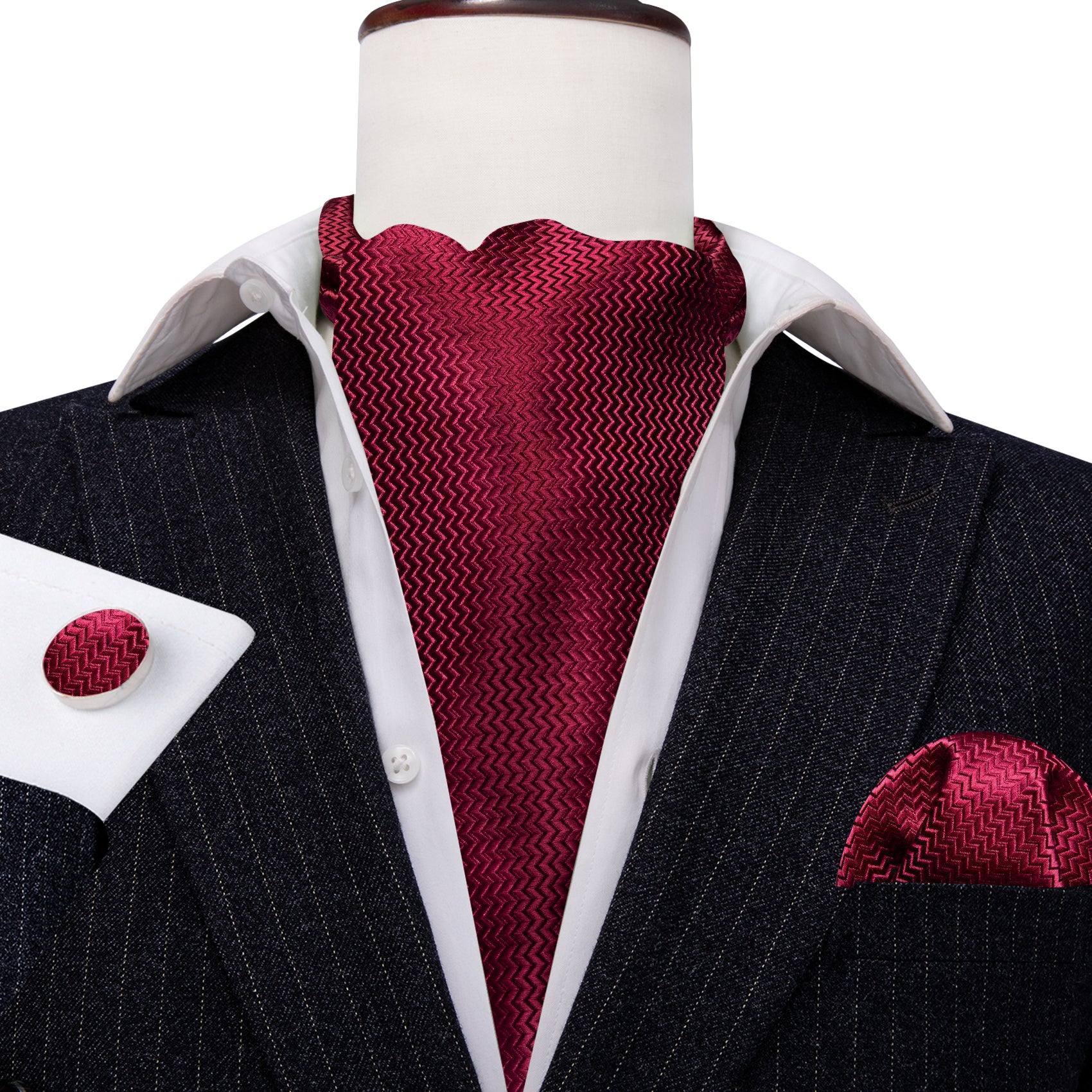 Dark Red Striped Silk Ascot Handkerchief Cufflinks