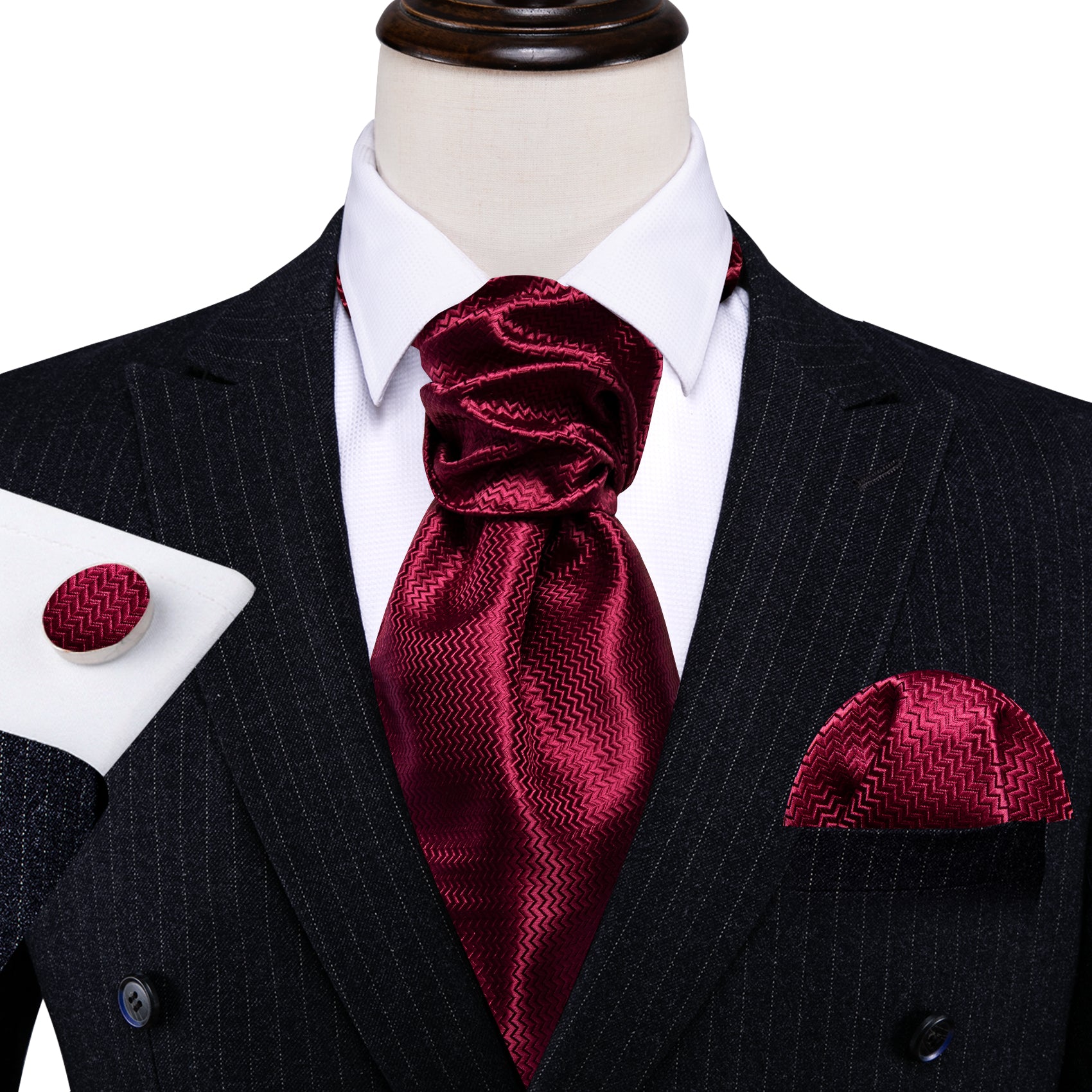 Dark Red Striped Silk Ascot Handkerchief Cufflinks