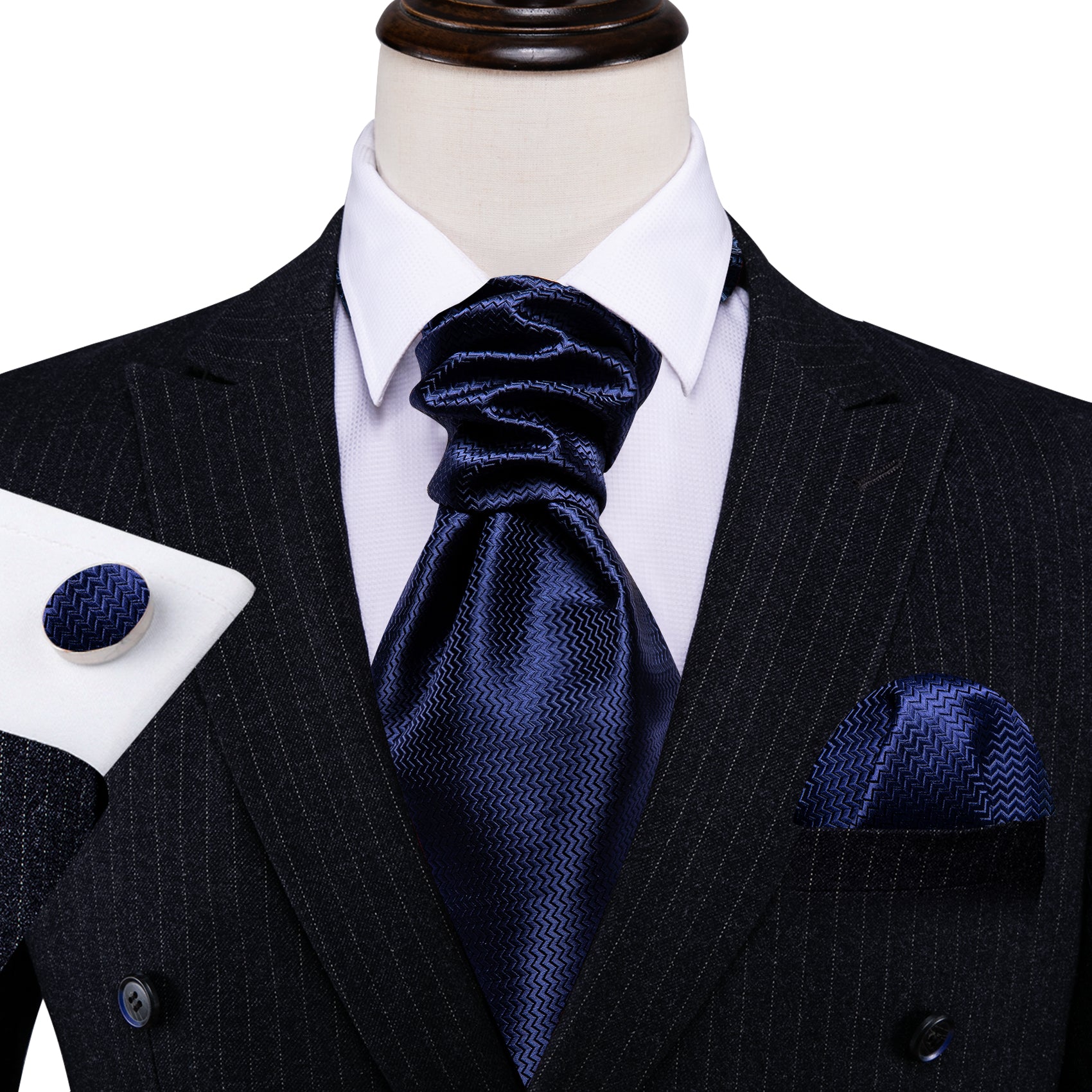 Blue Solid Silk Men Necktie Ascot Tie Handkerchief Cufflinks