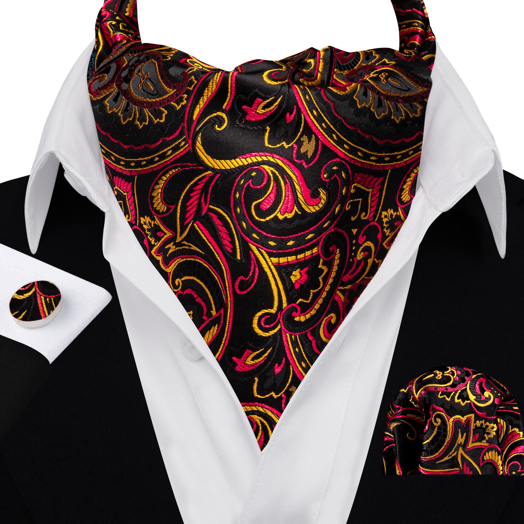 Black suit white shirt colorful ascot tie for man