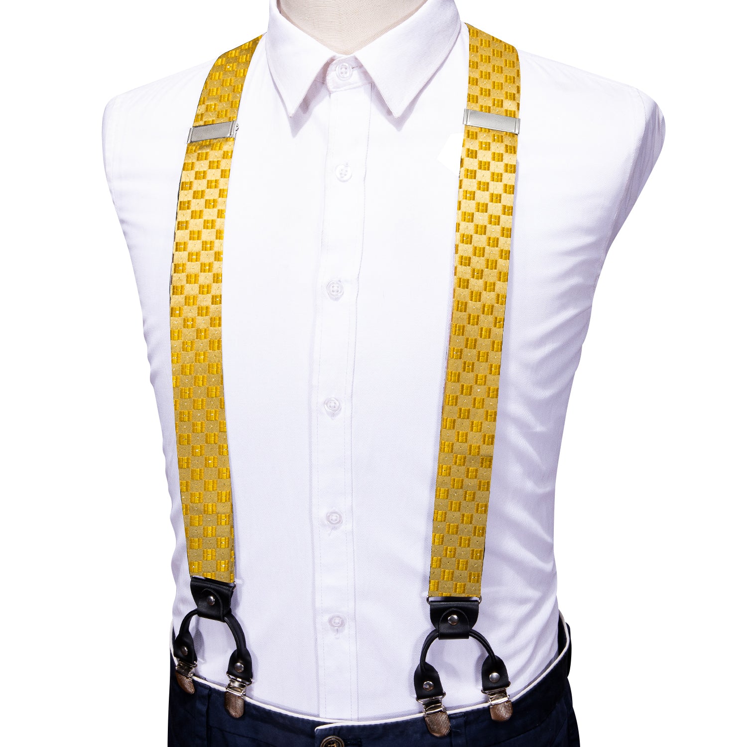 Grey Plaid Y Back Adjustable Necktie Suspenders Set