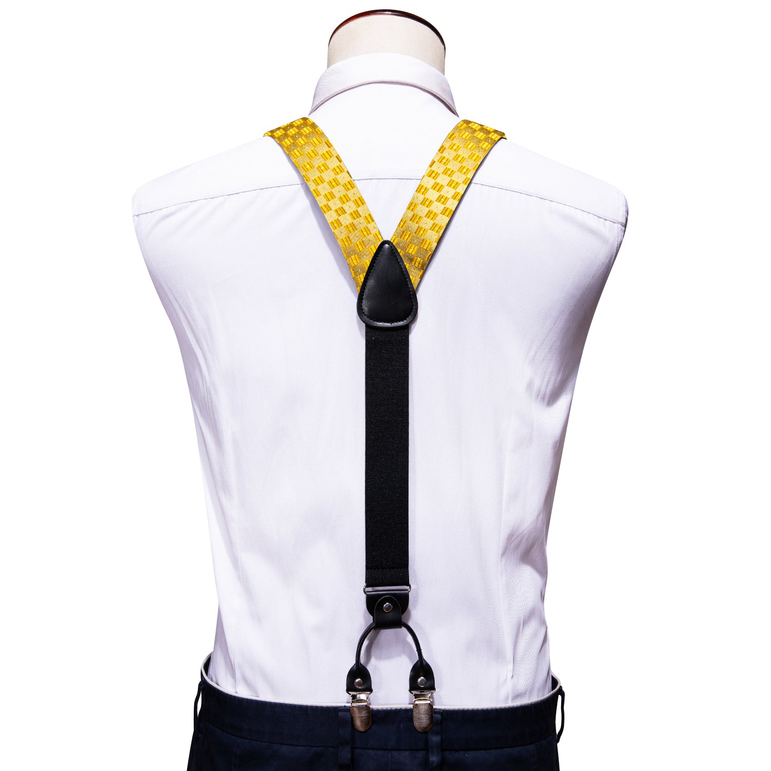 Barry.wang Gold Tie Yellow Plaid Y Back Adjustable Bow Tie Suspenders Set