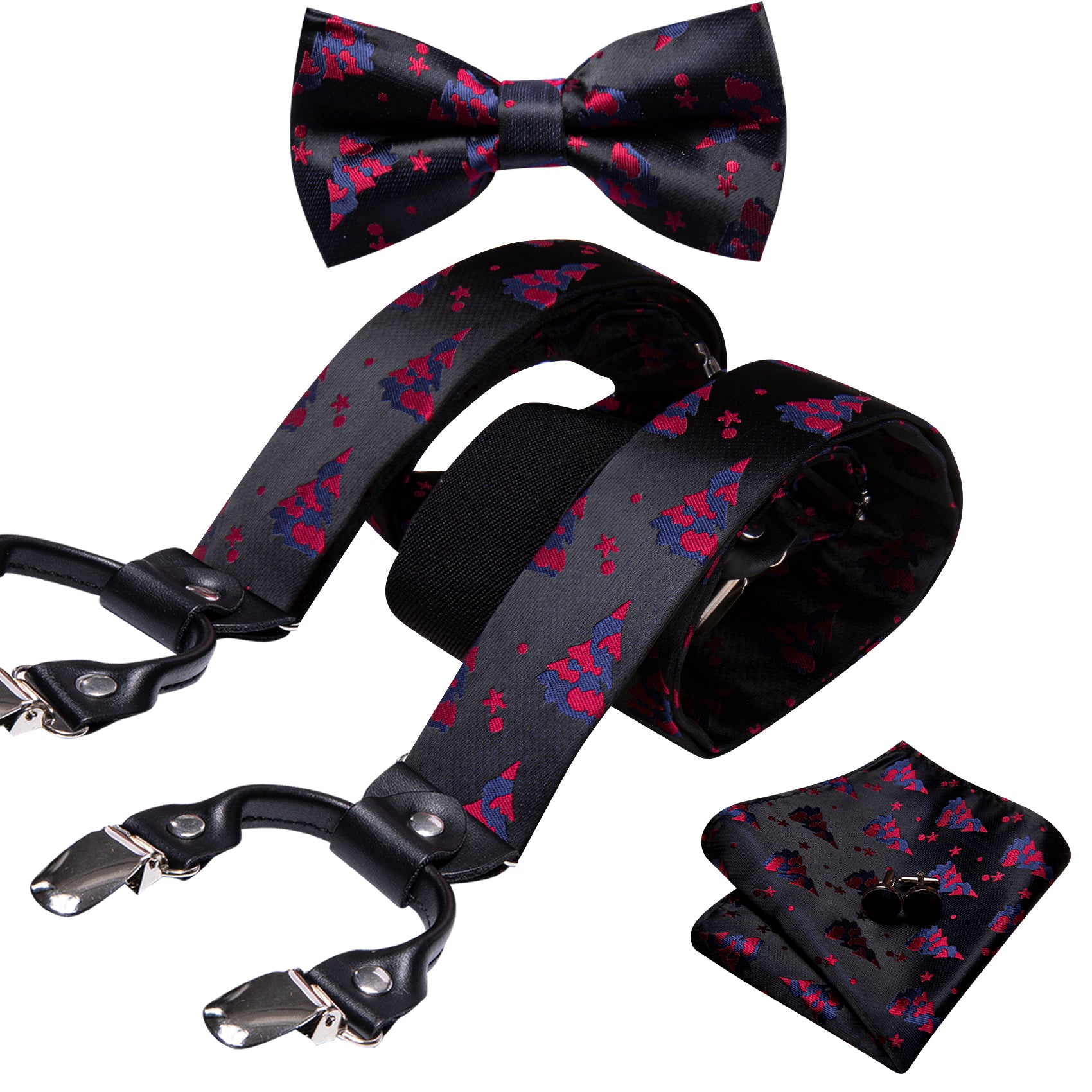 Christmas Black Red Xmas Tree Y Back Adjustable Bow Tie Suspenders Set