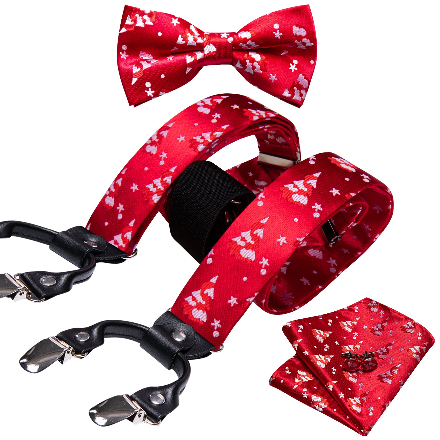 Christmas Red White Xmas Tree Y Back Adjustable Bow Tie Suspenders Set