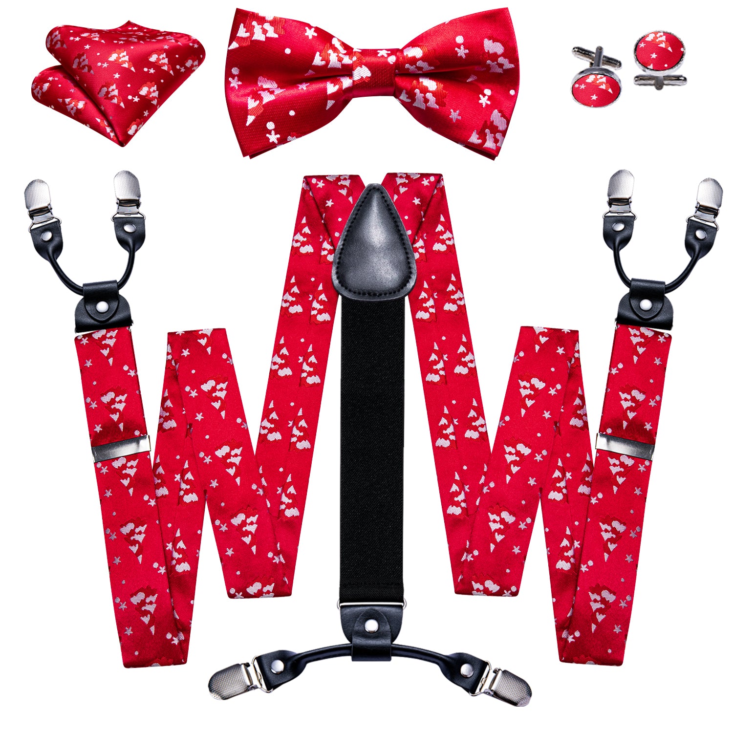 Christmas Red White Xmas Tree Y Back Adjustable Bow Tie Suspenders Set