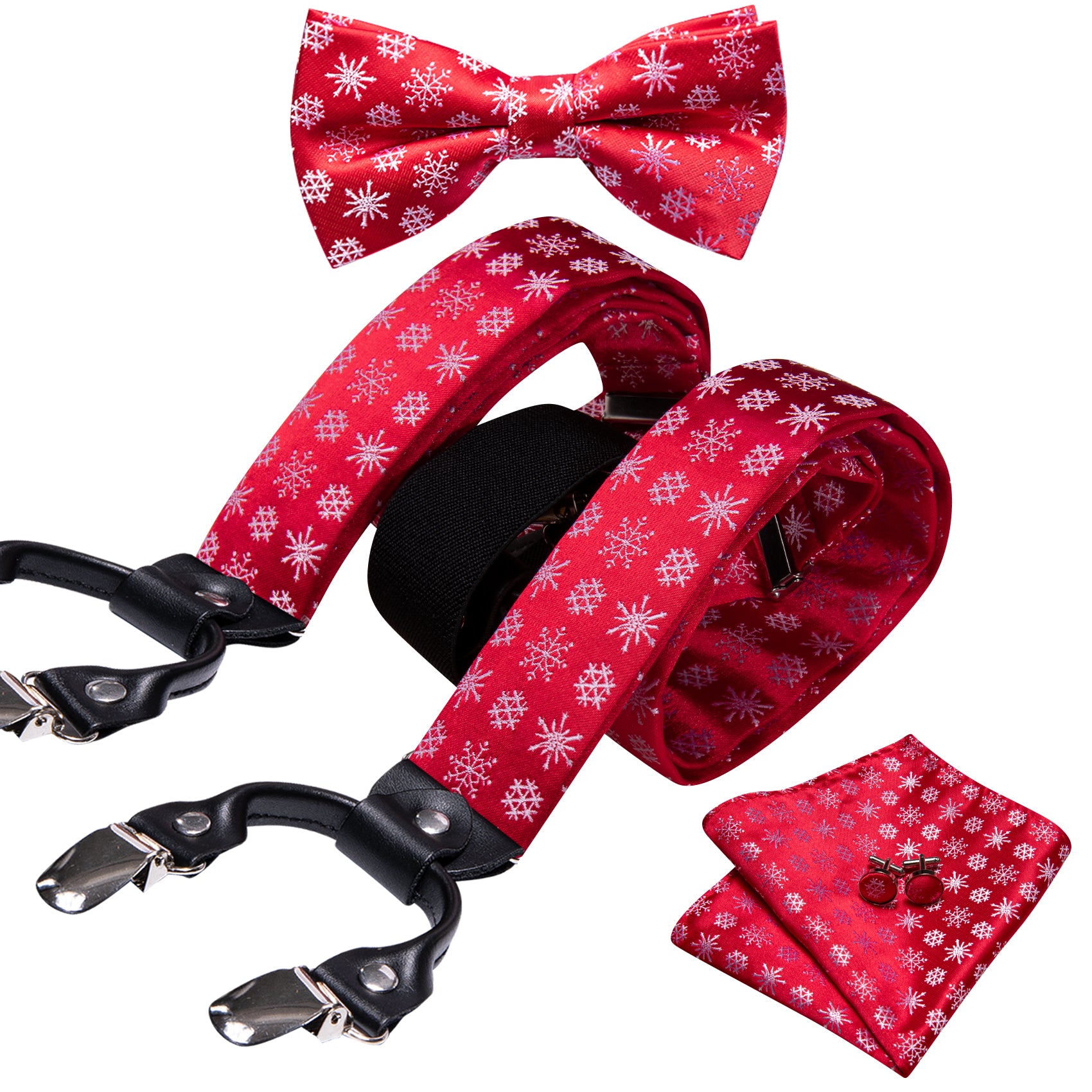 Christmas Red White Snowflake Y Back Adjustable Bow Tie Suspenders Set