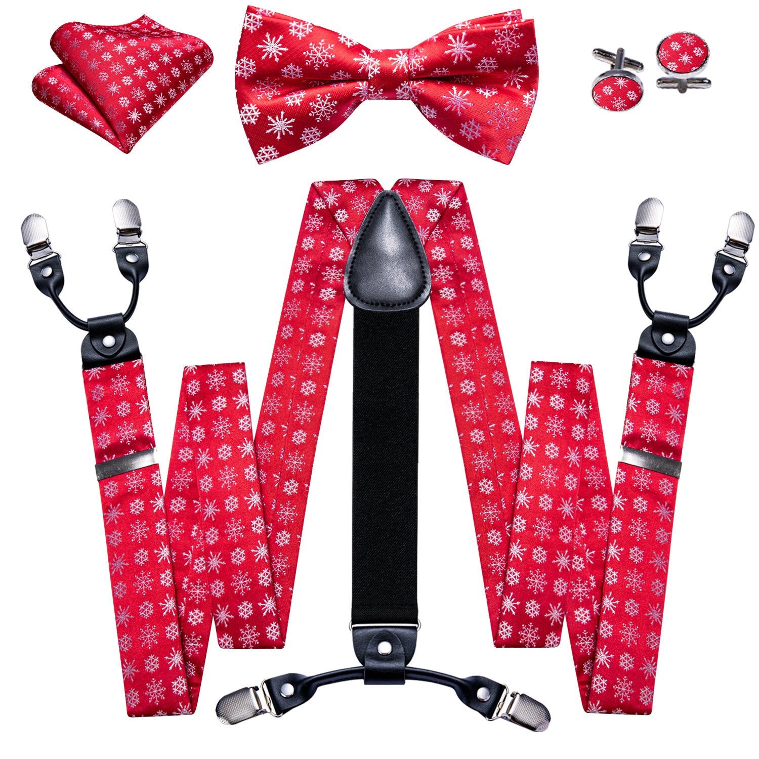 Christmas Red White Snowflake Y Back Adjustable Bow Tie Suspenders Set