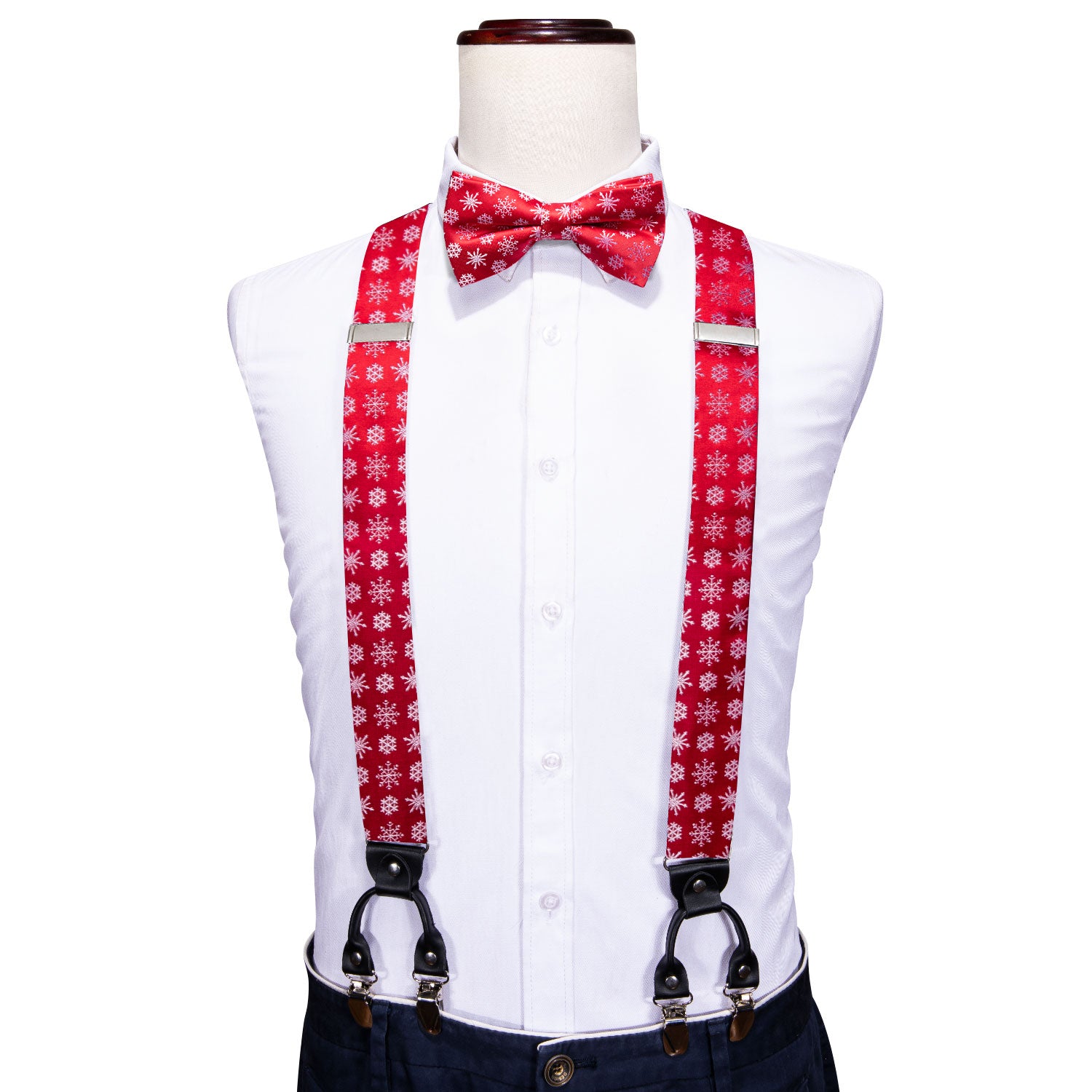 Christmas Red White Snowflake Y Back Adjustable Bow Tie Suspenders Set