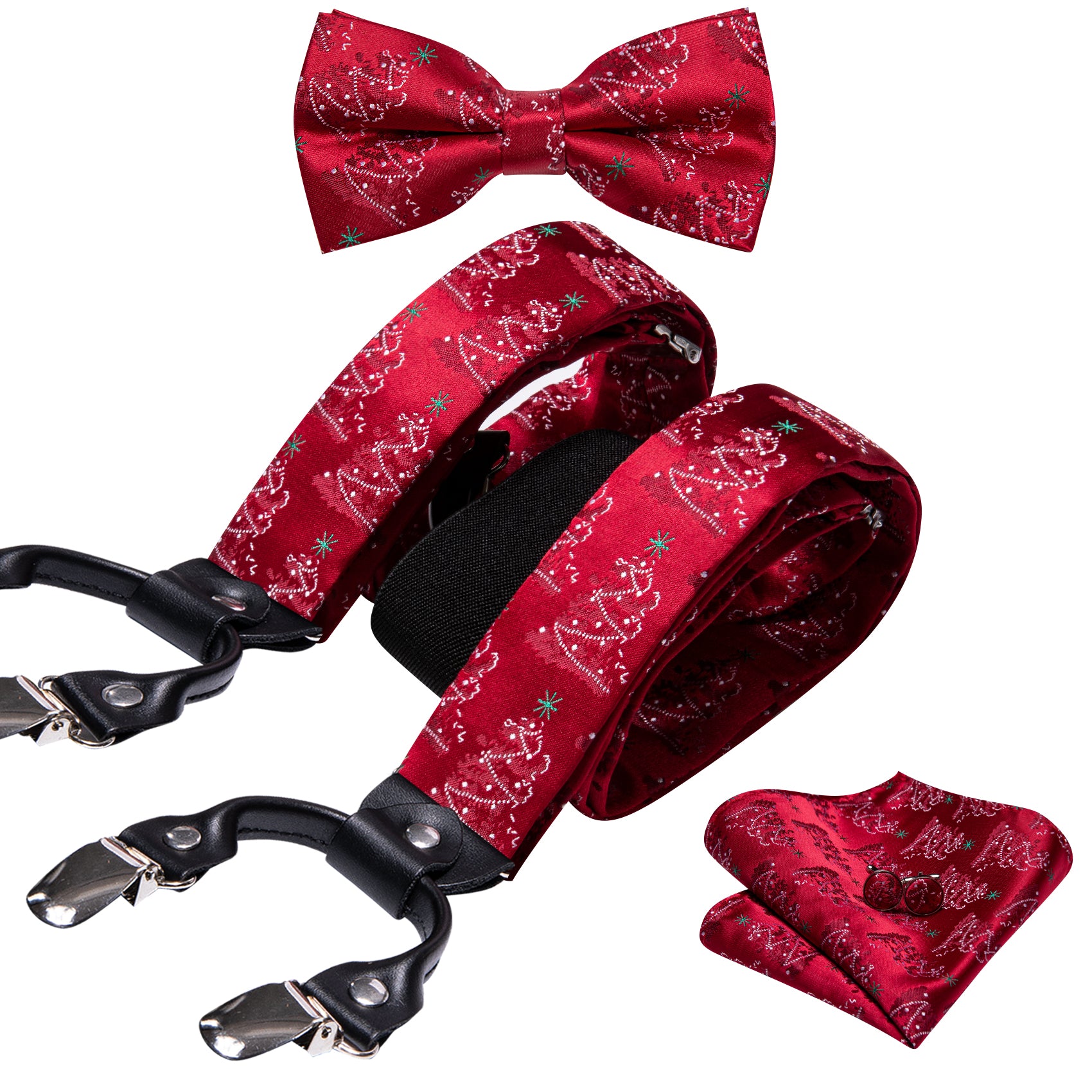 Christmas Red Tree Y Back Adjustable Bow Tie Suspenders Set