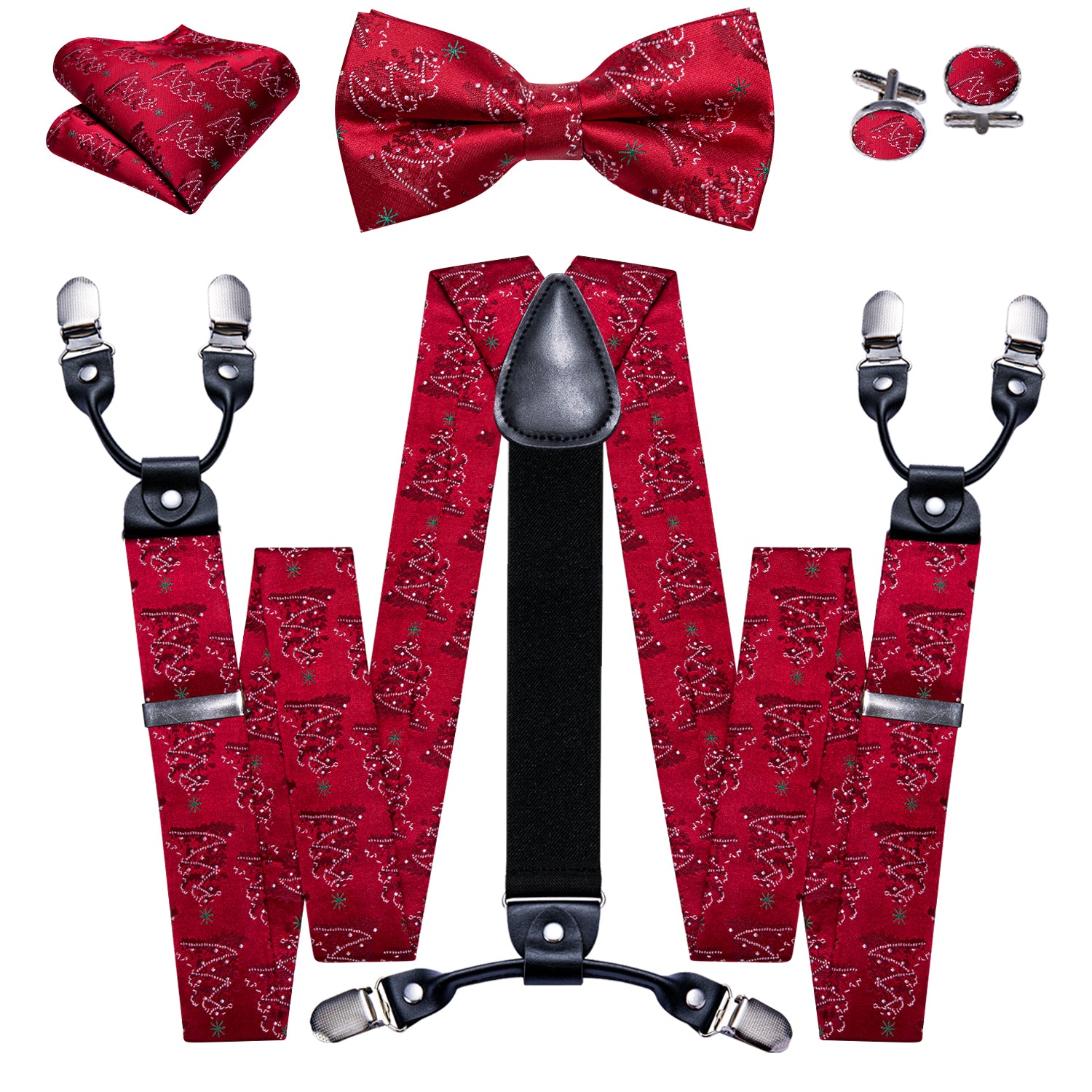 Christmas Red Tree Y Back Adjustable Bow Tie Suspenders Set