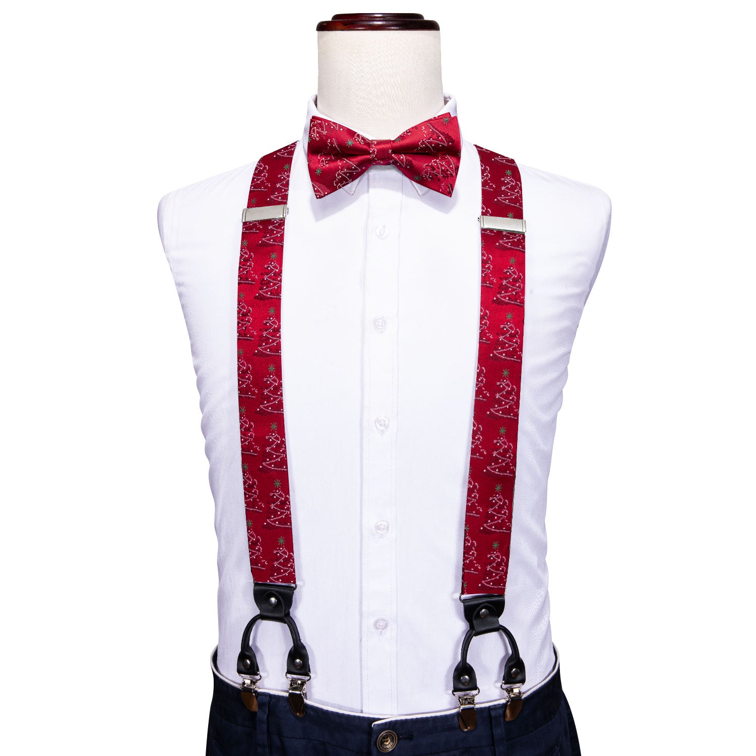 Christmas Red Tree Y Back Adjustable Bow Tie Suspenders Set