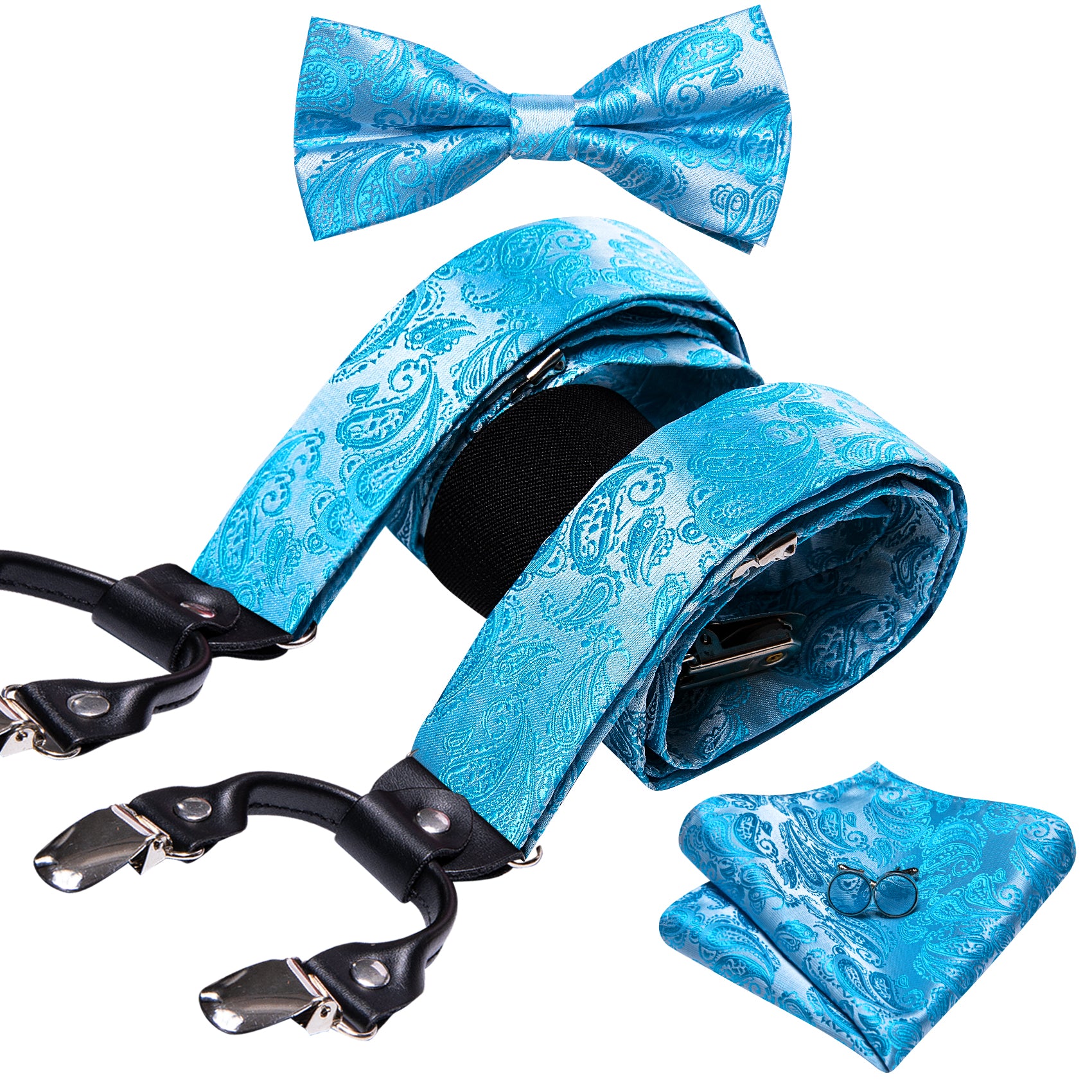 Sky Blue Paisley Y Back Adjustable Bow Tie Suspenders Set