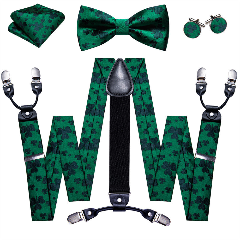 Barry Wang Green Clover Suspender Bowtie Set