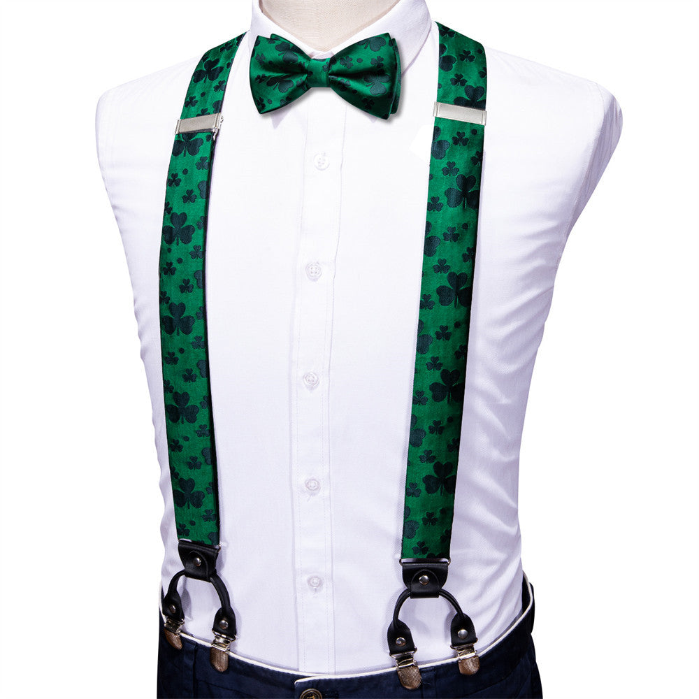 Barry Wang Green Clover Suspender Bowtie Set