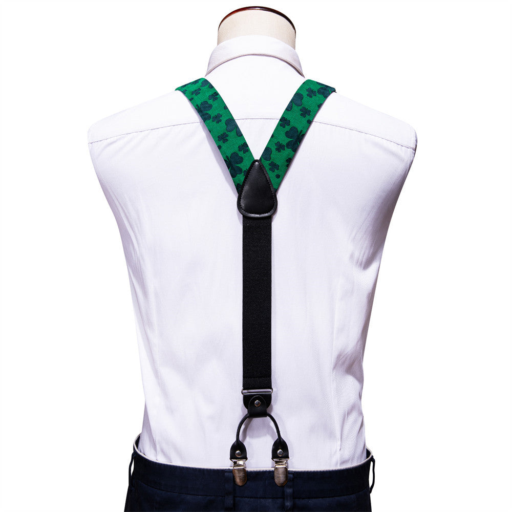 Barry Wang Green Clover Suspender Bowtie Set