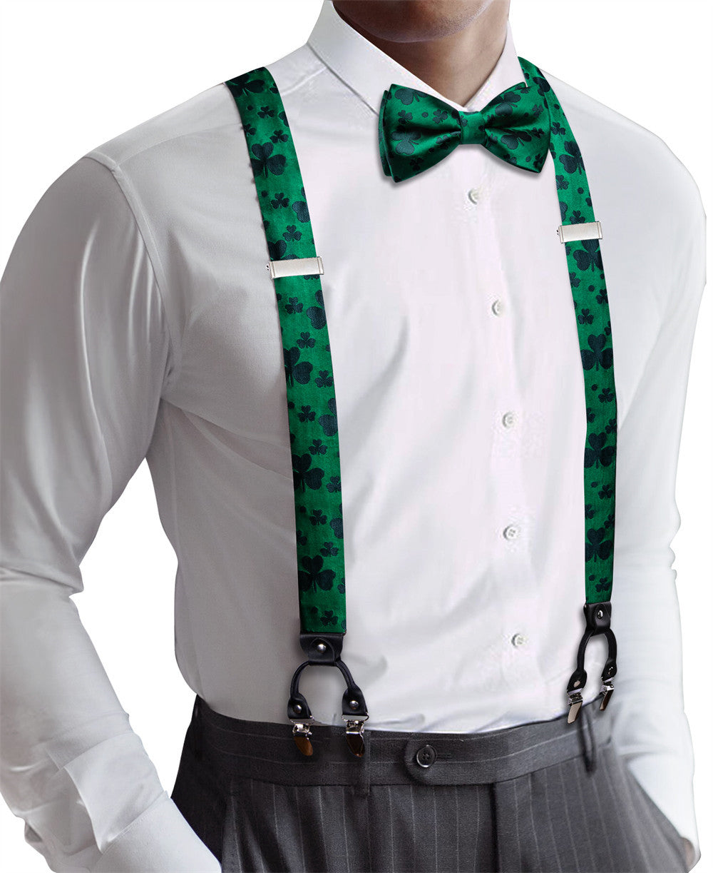 Barry Wang Green Clover Suspender Bowtie Set