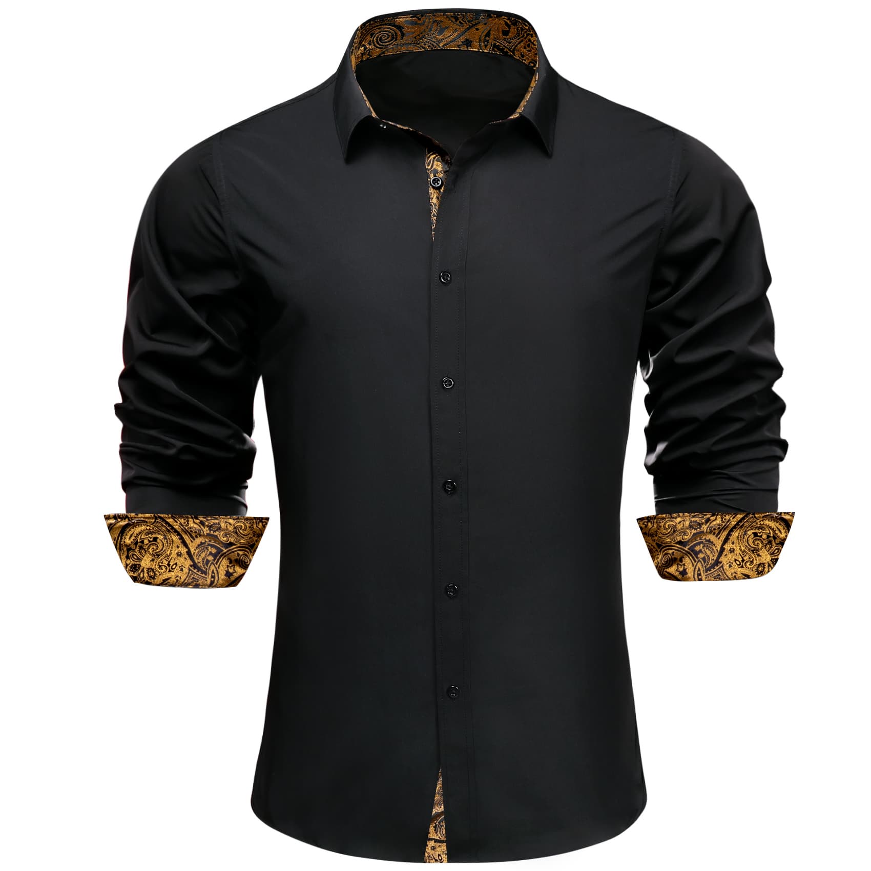 Barry Wang Black Patchwork Dress Shirt with Gold Paisley Cuff Men Top