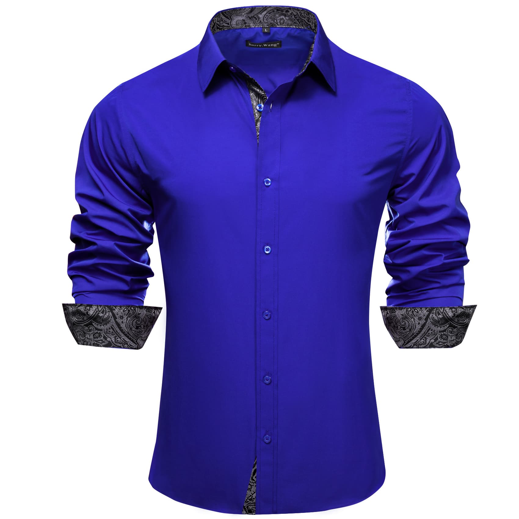 Barry Wang Blue Patchwork Dress Shirt with Grey Paisley Cuff Men Top