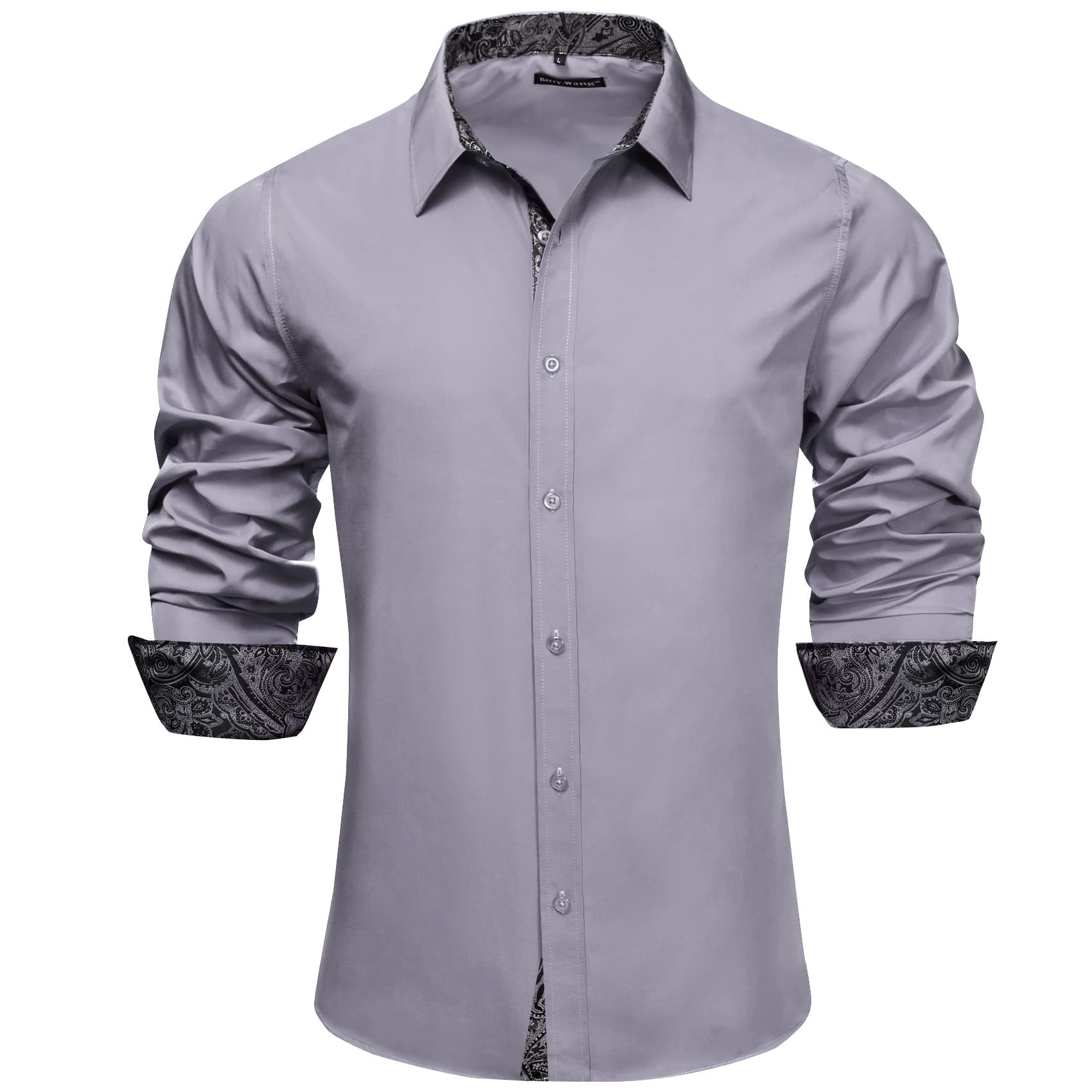 Barry Wang Grey Patchwork Button Up Shirt with Black Paisley Cuffs light gray 