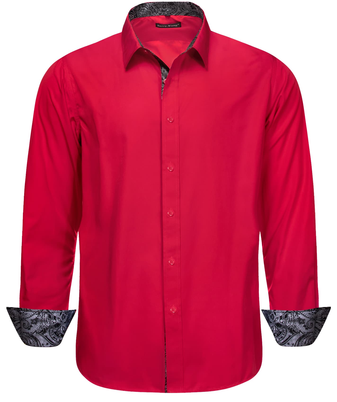 Barry Wang Red Patchwork Black Paisley Cuffs Button Up Men Dress Shirt