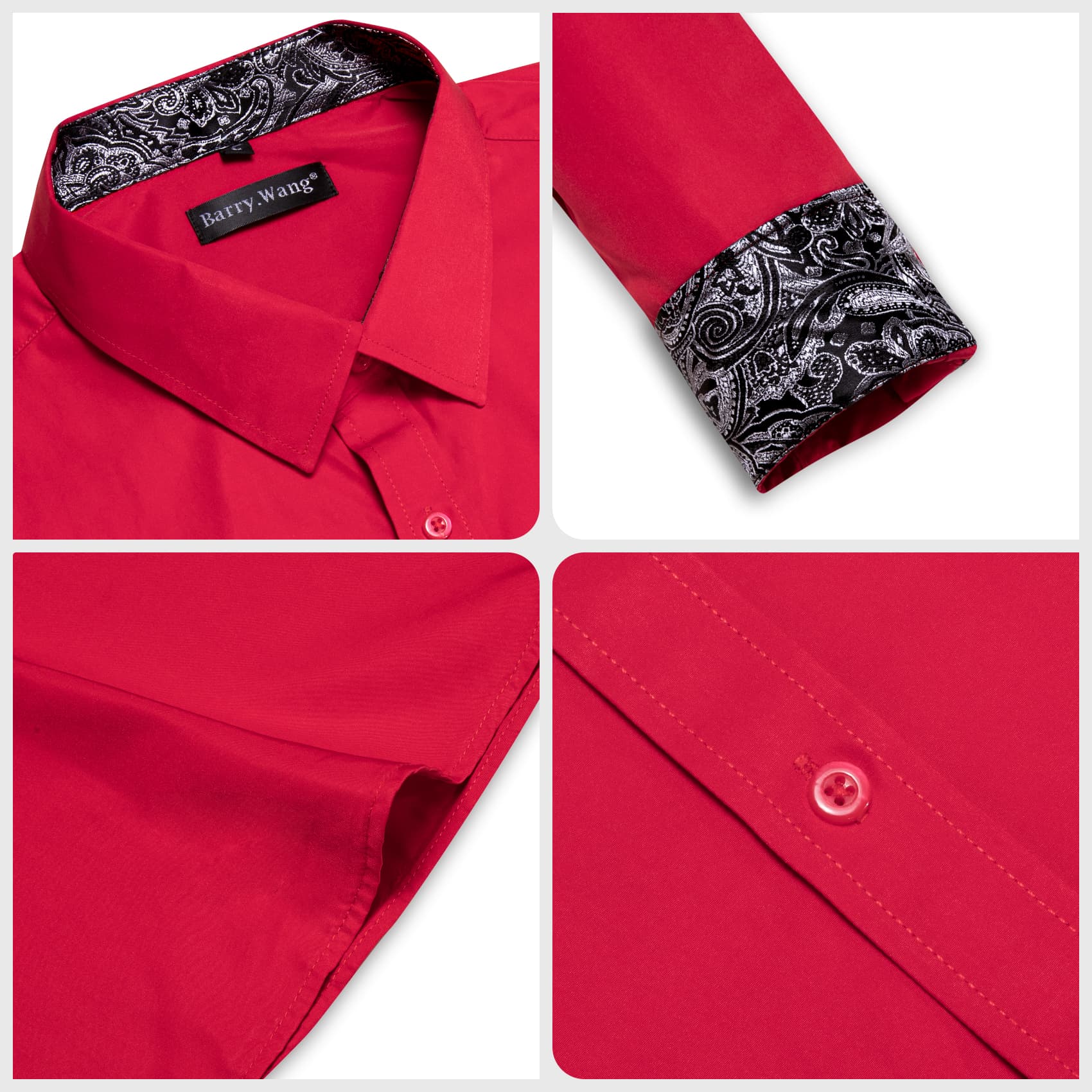 Barry Wang Red Patchwork Black Paisley Cuffs Button Up Men Dress Shirt