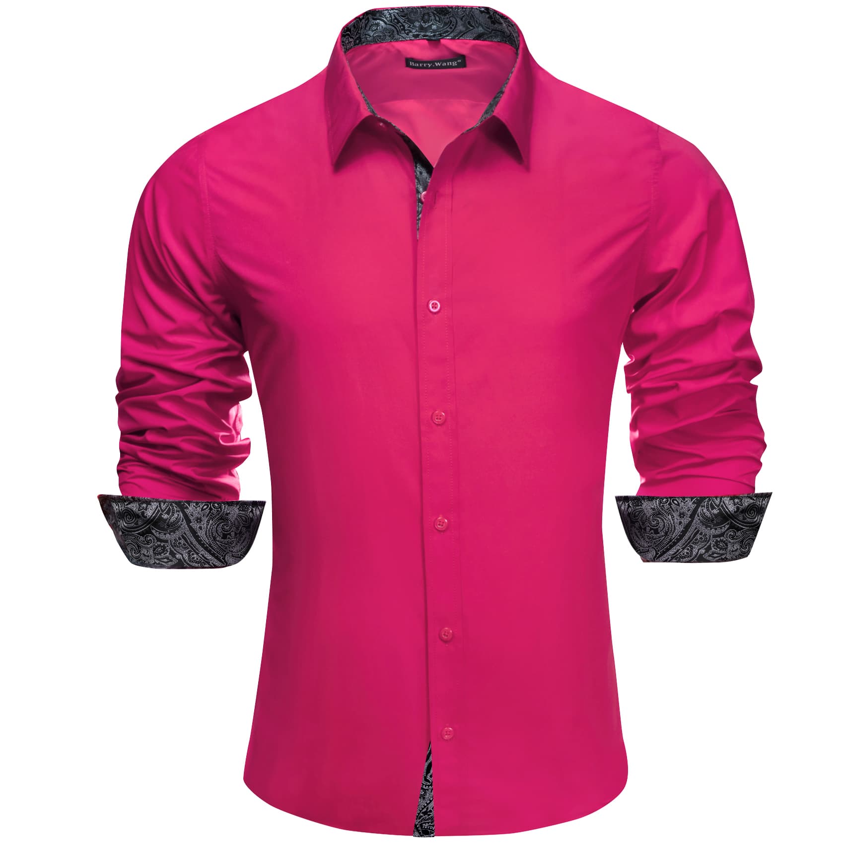 Barry Wang Deep Pink Patchwork Black Paisley Cuffs Button Up Men Shirt