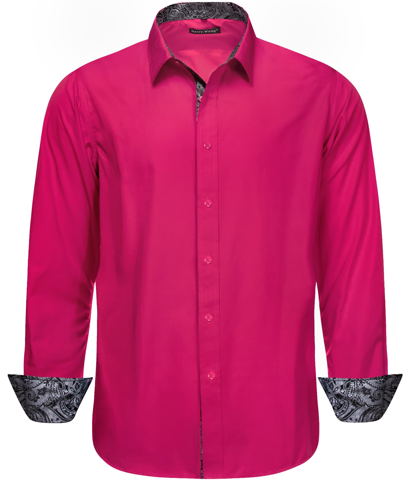 Barry Wang Deep Pink Patchwork Black Paisley Cuffs Button Up Men Shirt